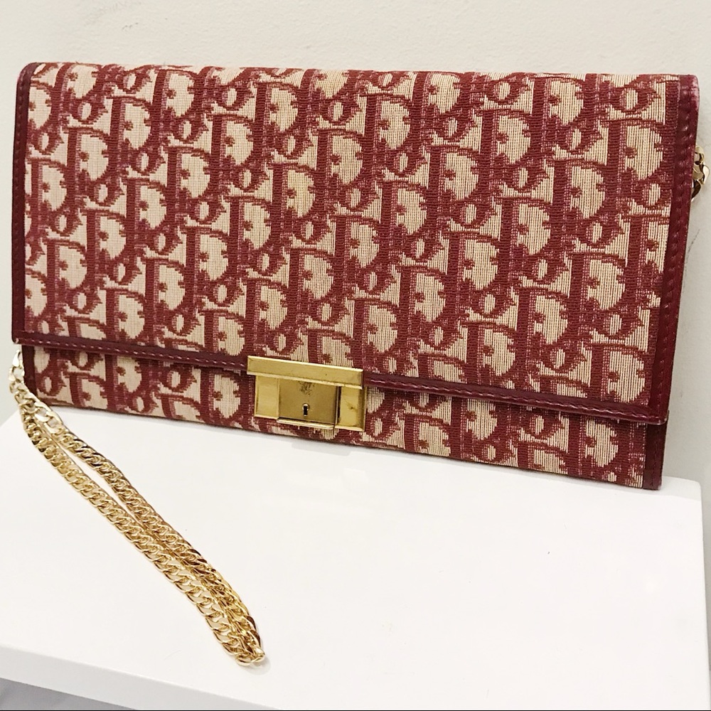Christian Dior Red Monogram Logo Oblique Canvas Leather Clutch Shoulder Bag